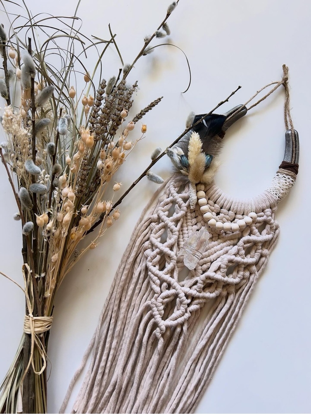 Handmade Macramé Horseshoe Wall Hanging with Dried Floral Accents